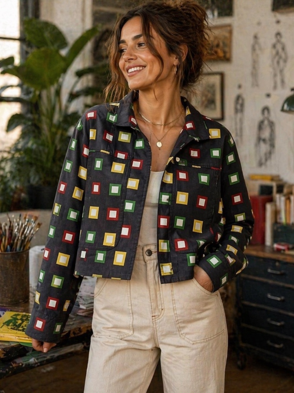Retro Square Print Blazer Brown Structured Jacket Small 90s Workwear